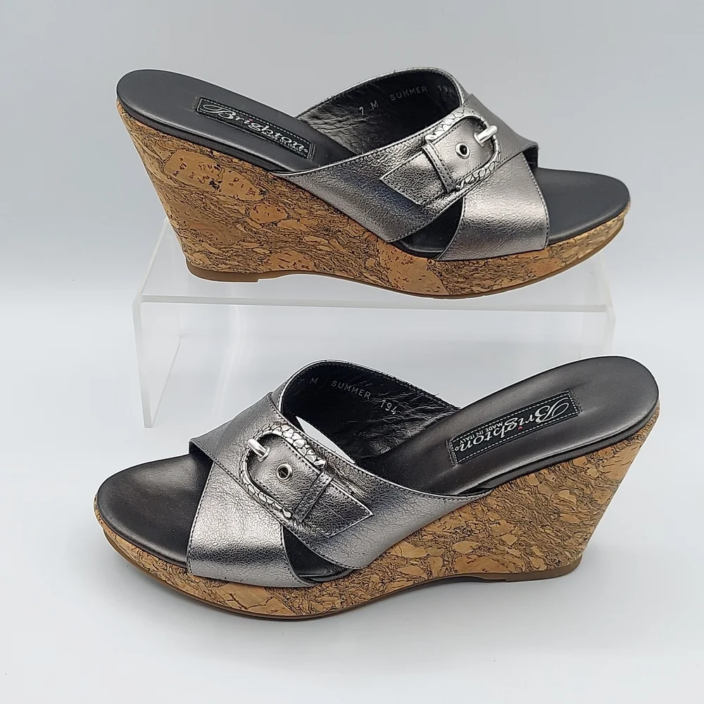 Brighton Summer Made In Italy Platfrom Cork Wedge Heel Sandals Pewter Women's 7